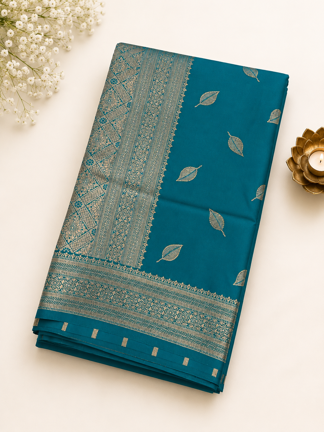 Teal Blue Banarasi Silk Saree with leaf motif