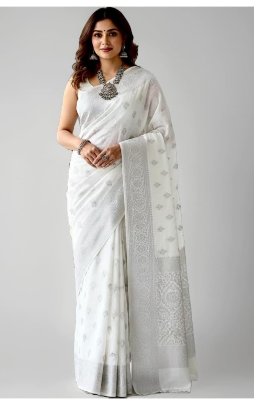 Ivory White Banarasi Silk Saree with Silver Zari
